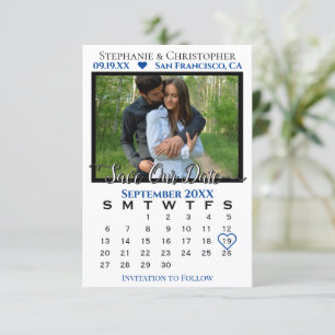Cartão Marinho de Calendário de Fotos Simples Casamento