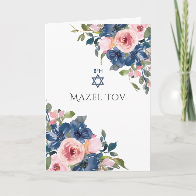 Cartão Marinho e Blush Floral Bat Mitzvah Saudação (Frente)