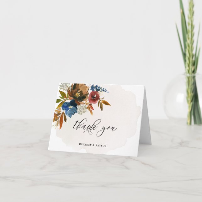 Cartão Marinho e crosta fluente Boho Floral Obrigado (Frente)