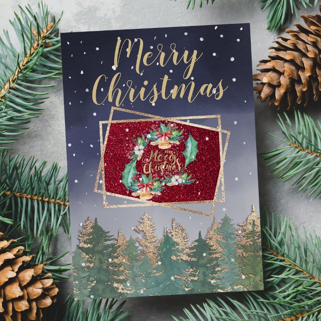 Cartão Marinho Inverno Vermelho Árvores de Neve Natal Nat (Winter Navy Red Watercolor Snow Trees Christmas Card)