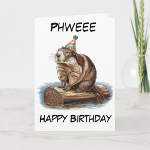 Cartão marmot vestindo chapéu de aniversário sentado no l