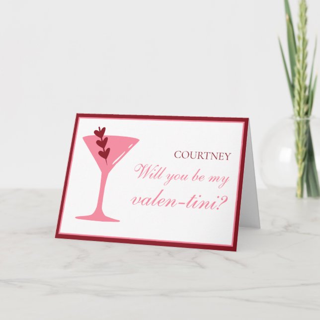 Cartão Martini Galentine Personalizado Vermelho e Rosa do (Frente)