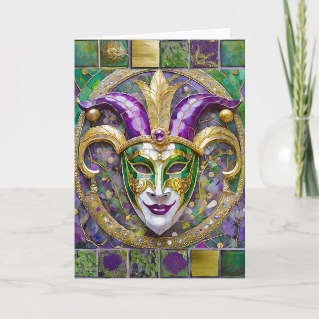 Cartão Máscara de Jester do Mardi Gras Roxa Verde Dourada (Frente)