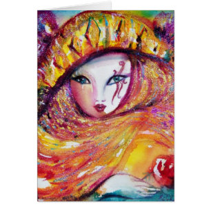 CARTÃO MÁSCARA DO CARNAVAL NO AMARELO COM ROSA VERMELHA