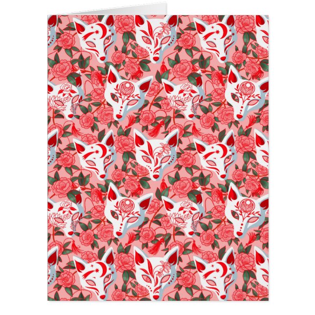 Cartão Máscaras de Kitsunga e camellia florescente no car (Frente)