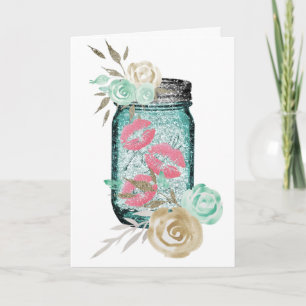 Cartão Mason jar butterfly kisses flower cute blue pink