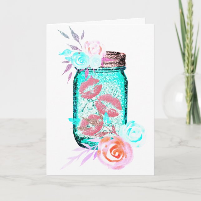 Cartão Mason jar flor borboleta beija lábios rosa giros (Frente)