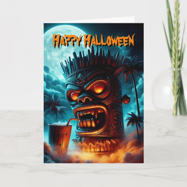 Cartão Mau Halloween Tiki Com Bebida À Lua (Frente)