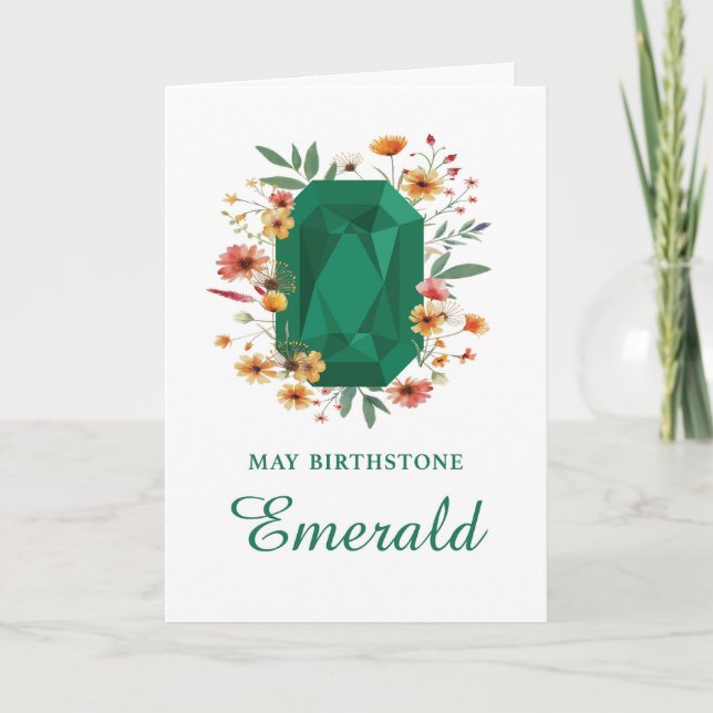 Cartão May Birthstone Emerald Birthday com flores selvage (Frente)