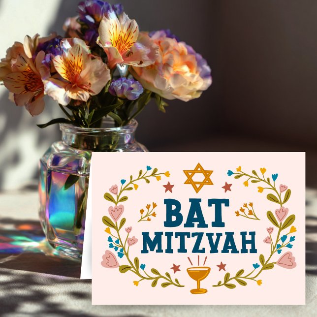 Cartão MAZEL TOV BAT MITZVAH Falso-oral Judaico Personali (MAZEL TOV BAT MITZVAH Jewish Floral Customizable Card
)