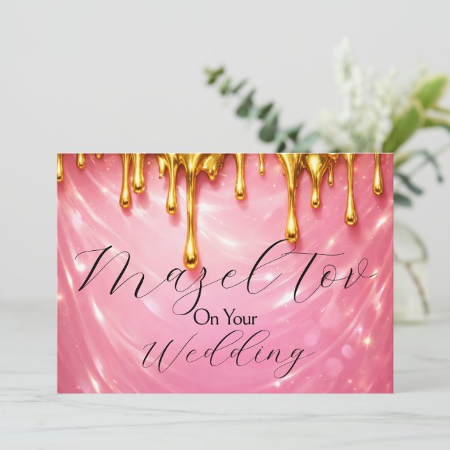 Cartão Mazel Tov para Casamento, Rosa com Dourado  (Em pé/Frente)