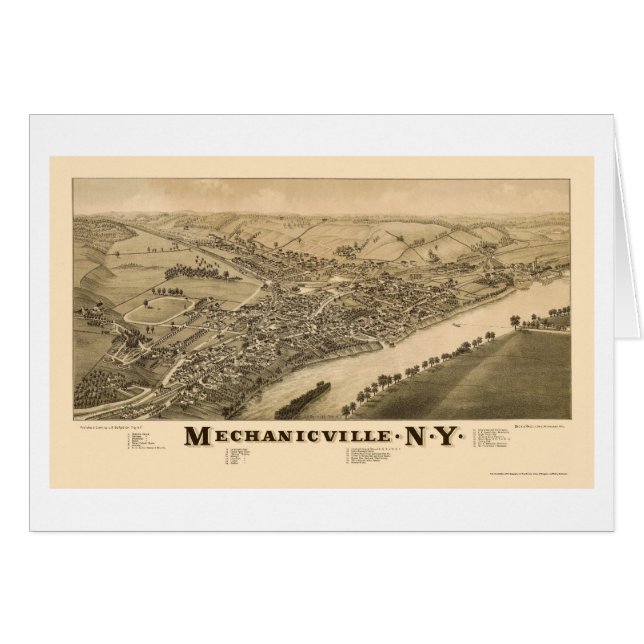 Cartão Mechanicville, mapa panorâmico de NY - 1885 (Frente Horizontal)