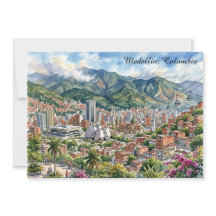 Medellin, Colômbia Vista Panorâmica Arte Aquarela