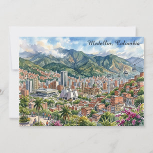 Cartão Medellin, Colômbia Vista Panorâmica Arte Aquarela