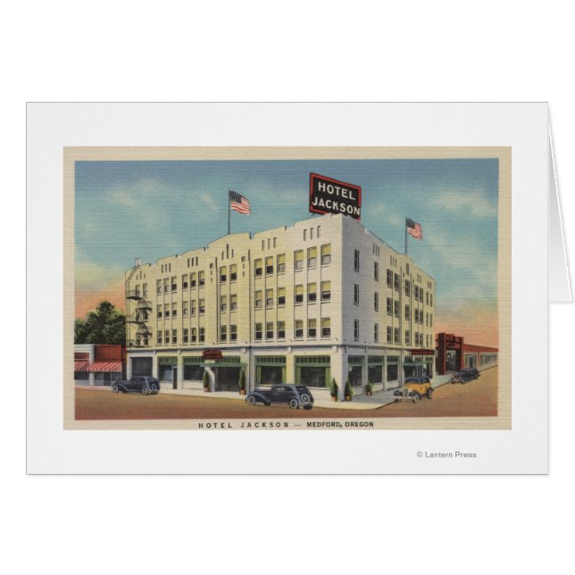 Cartão Medford, Oregon - Hotel Jackson View com Antigo (Frente Horizontal)