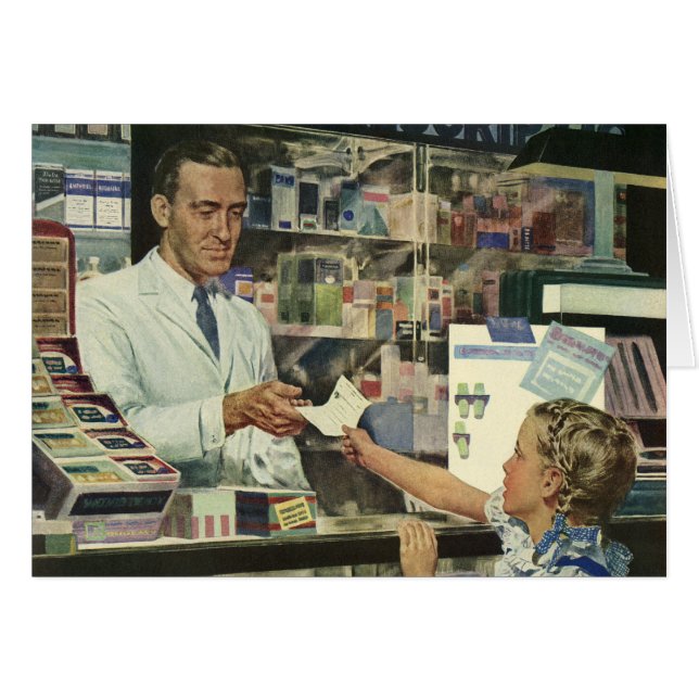 Cartão Medicina Antiga, Farmacêutico e Menina na Farmácia (Frente Horizontal)
