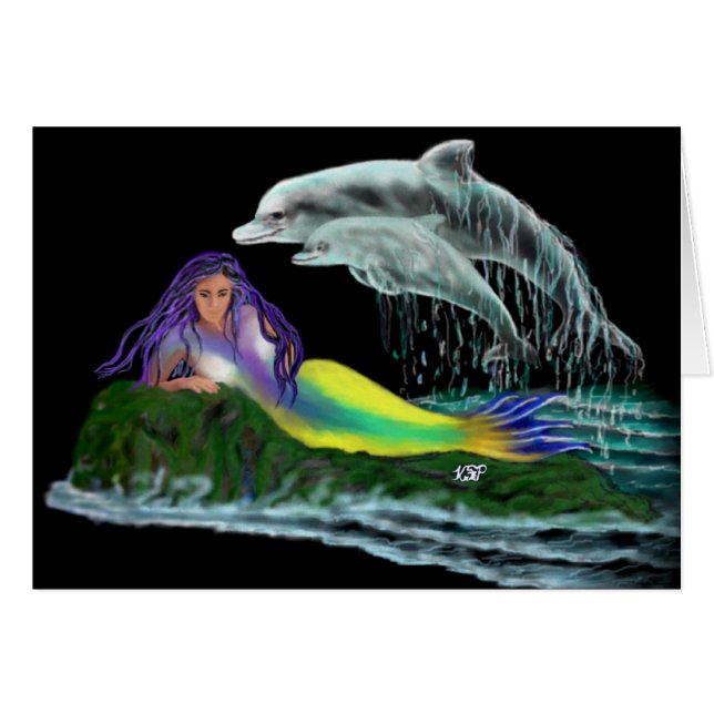 Cartão Meerjungfrau mit Delfinen (Frente Horizontal)