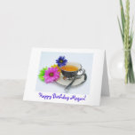 Cartão Megan's ( name)  birthday teacup & daisies<br><div class="desc">Florencent colored daisies and a cool tea cup. Message: "Happy Birthday Megan!" inside: "Wishing you a beautiful and relaxing day"  Personalize the name and message! Photography by Maria Santos,  Lusinhas do Sul</div>