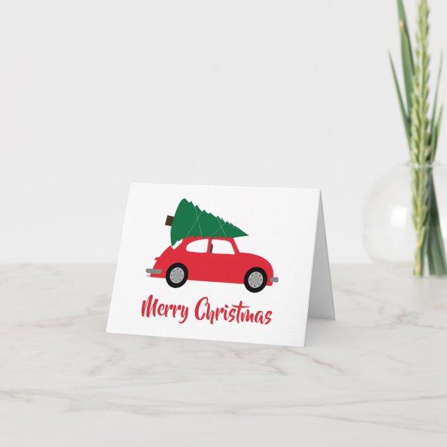 Cartão Meio século Árvore de Natal Moderna e Carro Vermel (Frente)