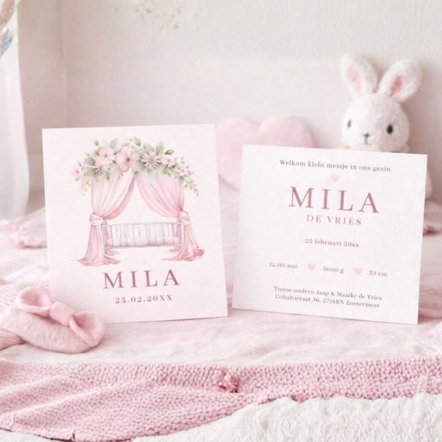 Cartão Meisje Roze Wieg Bloemen Waterverf Geboorte (Criador carregado)