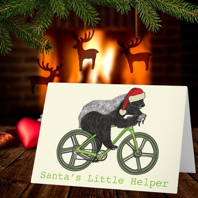 Cartão Mel Badger Pedindo Engraçado Slogan Festivo (Funny christmas honey badger on a bicycle santa little helper quote holiday greetings card)