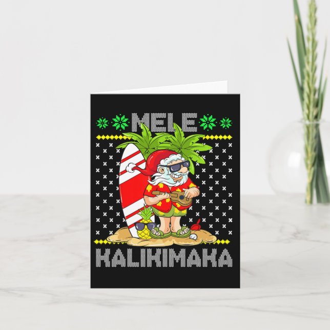Cartão Mele Kalikimaka Papai Noel Surfista Guitarra Havai (Frente)