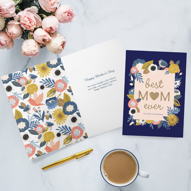 Cartão Melhor Mãe Pássaros E Quadro Botânico Floral (Best Mom Ever Birds & Floral Botanical Frame Card)
