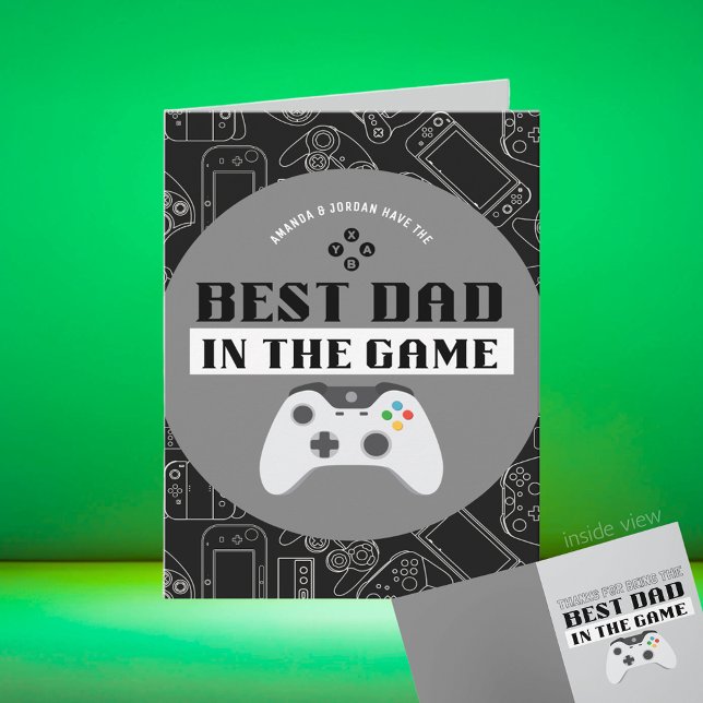 Cartão Melhor Pai do Jogo Personalizado Dobrável para Jog (Best Dad in the Game Black, White, Grey Video Game Folding Greeting Card for Birthday / Father's Day)