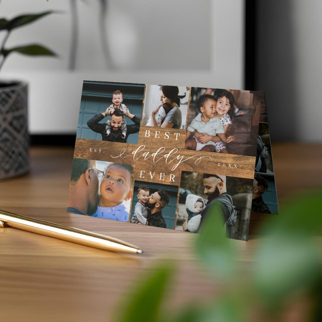 Cartão Melhor Pai Do Woodgrain Dia de os pais 6 Foto (Best Daddy Ever Woodgrain Father's Day 6 Photo Card)