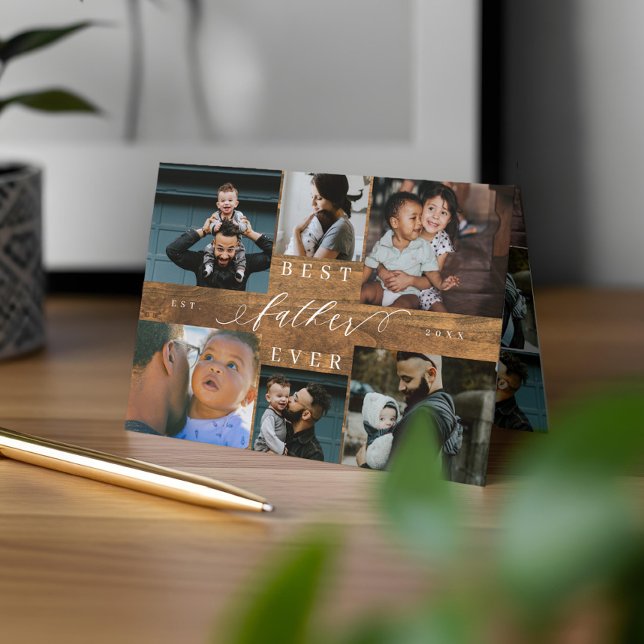 Cartão Melhor Pai Ever Woodgrain Dia de os pais 6 Foto (Best Father Ever Woodgrain Father's Day 6 Photo Card)
