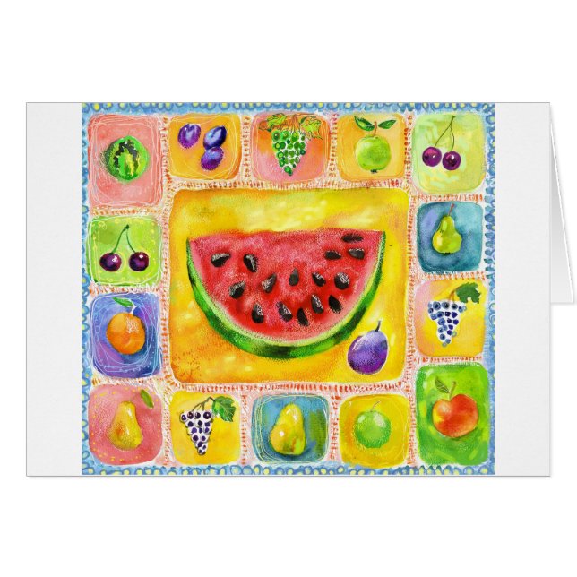 Cartão Meloa Caprichosa & Frutas de Verão Arte Popular (Frente horizontal)