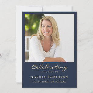 Cartão Memorial Azul de Script Dourado de Foto Mod