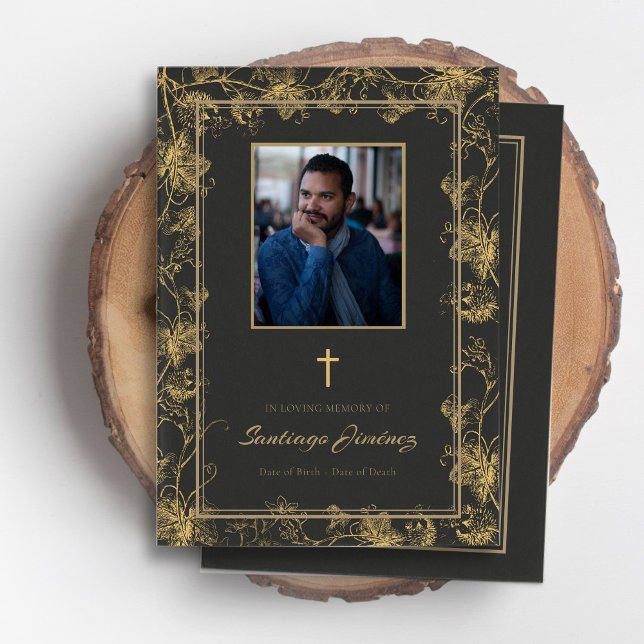 Cartão Memorial do Vine Dourado do Programa Funera (Spanish funeral programs, funeral cards Spanish, Spanish sympathy funeral thank you card)