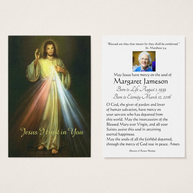 Cartão Memorial Fúnebre Católico da Divina Miseric (Frente & Verso)