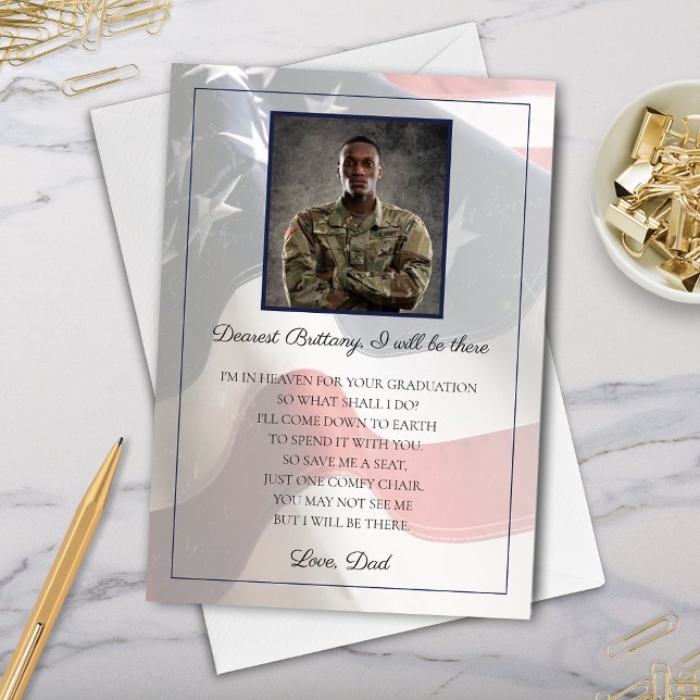 Cartão Memorial Militar do Soldado ao Formando (save a seat military gold star family member children graduation i will be there memorial poem card)