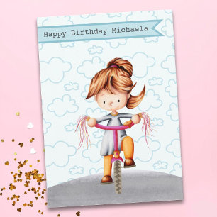 Cartão Menina Andando de Bicicleta Rosa Aniversário Perso