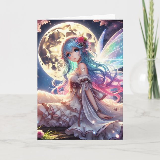 Cartão Menina Anime Princesa Fada da Lua no Jardim (Frente)