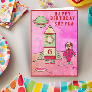 Cartão Menina Astronauta Lua no Espaço Feliz Aniversário 