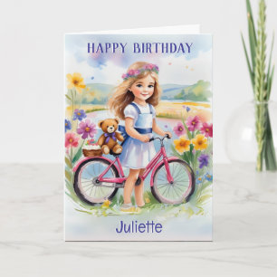 Cartão Menina Bicicleta Flores Ursinho Crianças Feliz Ani