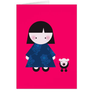 Cartão Menina bonito e seu cachorrinho pequeno