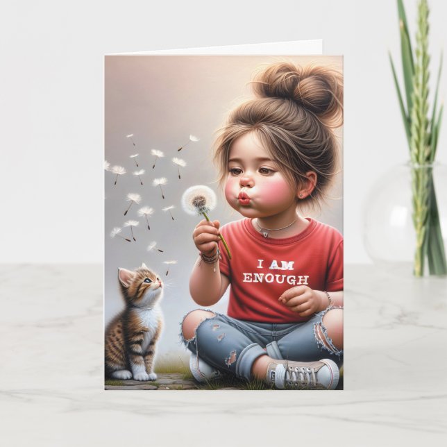 Cartão Menina Borrando Dandélions Para O Aniversário (Frente)