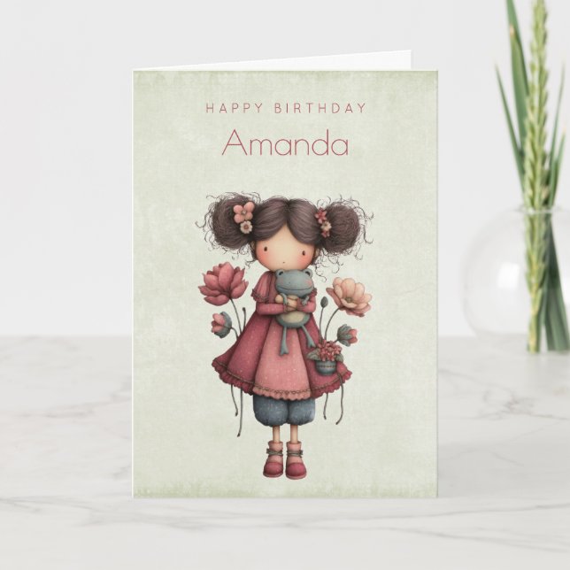 Cartão Menina com Boneca de Sapo Fofo Aniversário Caprich (Frente)