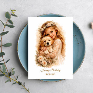 Cartão Menina Com Cachorrinho Retriever Dourado