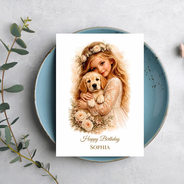 Cartão Menina Com Cachorrinho Retriever Dourado (Criador carregado)