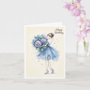 Cartão Menina com flores roxas e azuis Feliz Aniversário