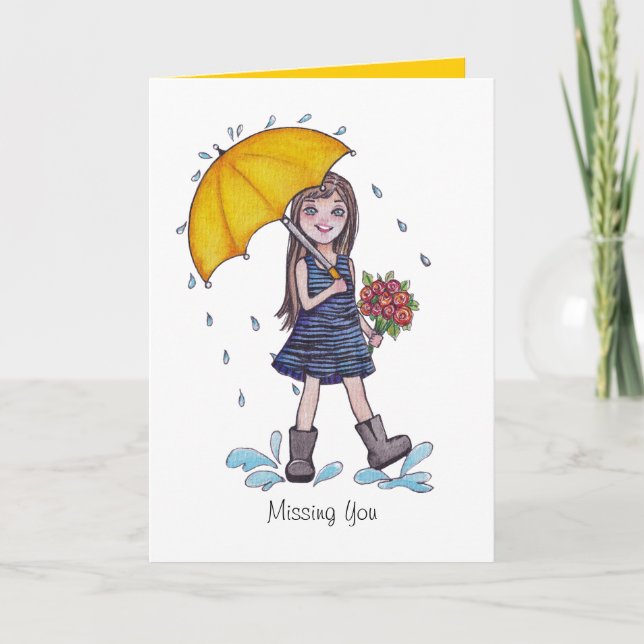 Cartão Menina Com Guarda-Chuva Amarelo Em Aquarela (Frente)