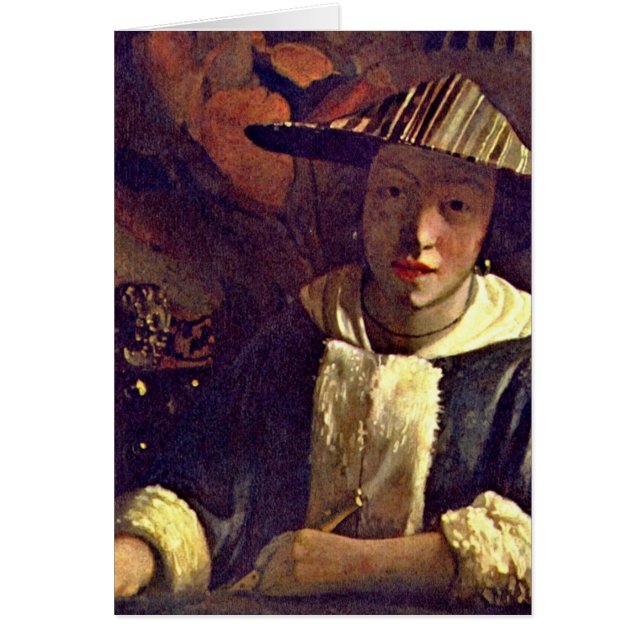 Cartão Menina com uma flauta por Johannes Vermeer (Frente)