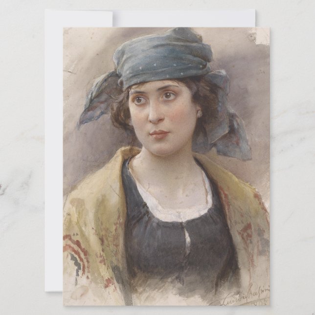 Cartão Menina com véu verde (por Ludwig Passini) (Frente)