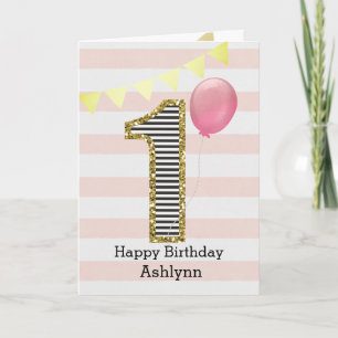 Cartão Menina de 1º Aniversário Rosa e Dourado