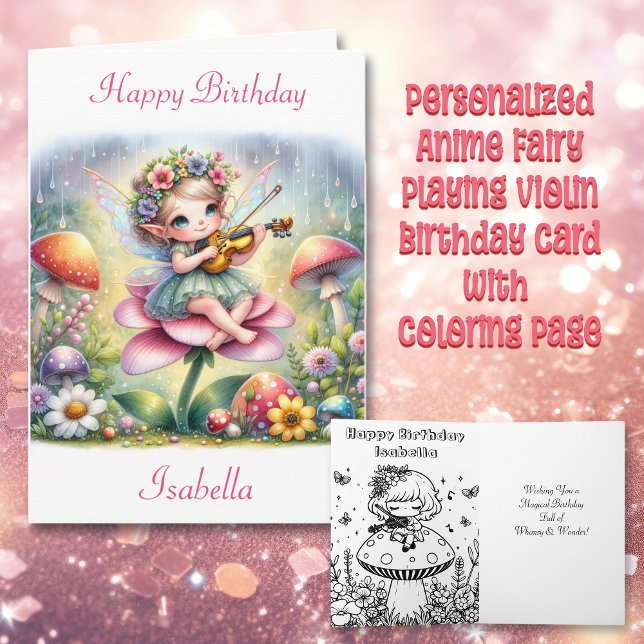Cartão Menina de Animação Bonita com Violino no Aniversár (Criador carregado)